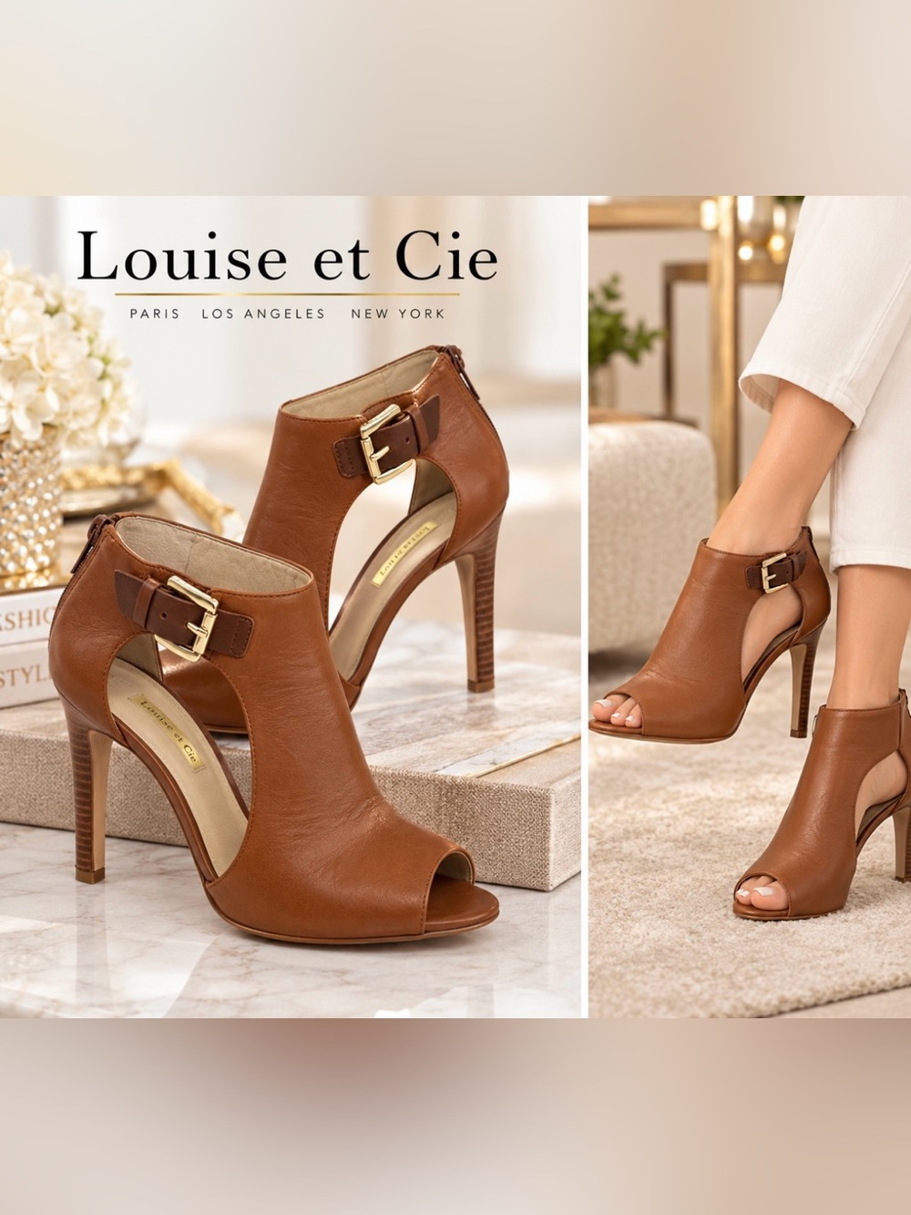 Louise et Cie Women Cognac Cutout Open-Toe Buckle Heels Size 9M